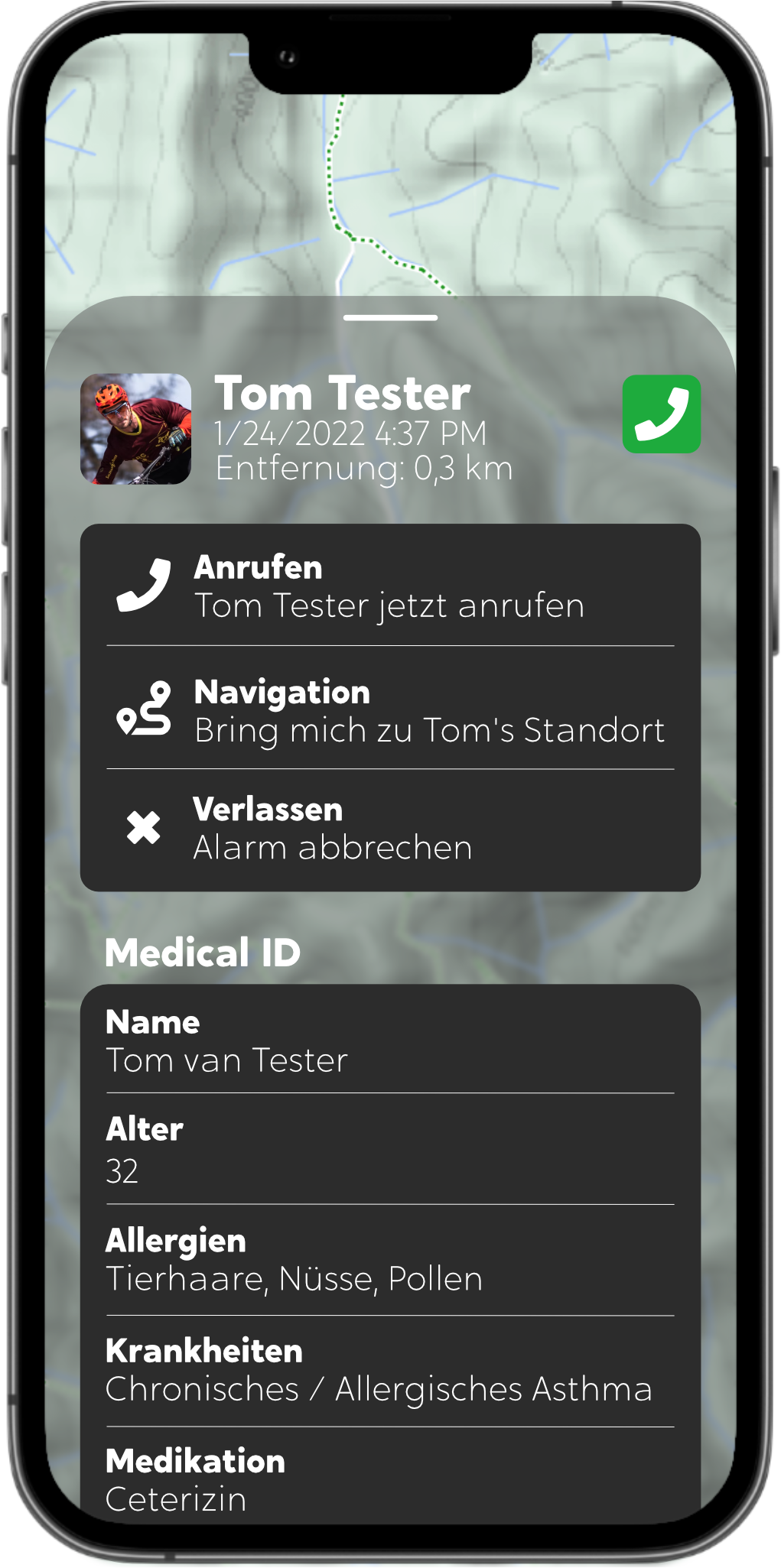 Unfallmeldung und Hilferuf in Tocsen App