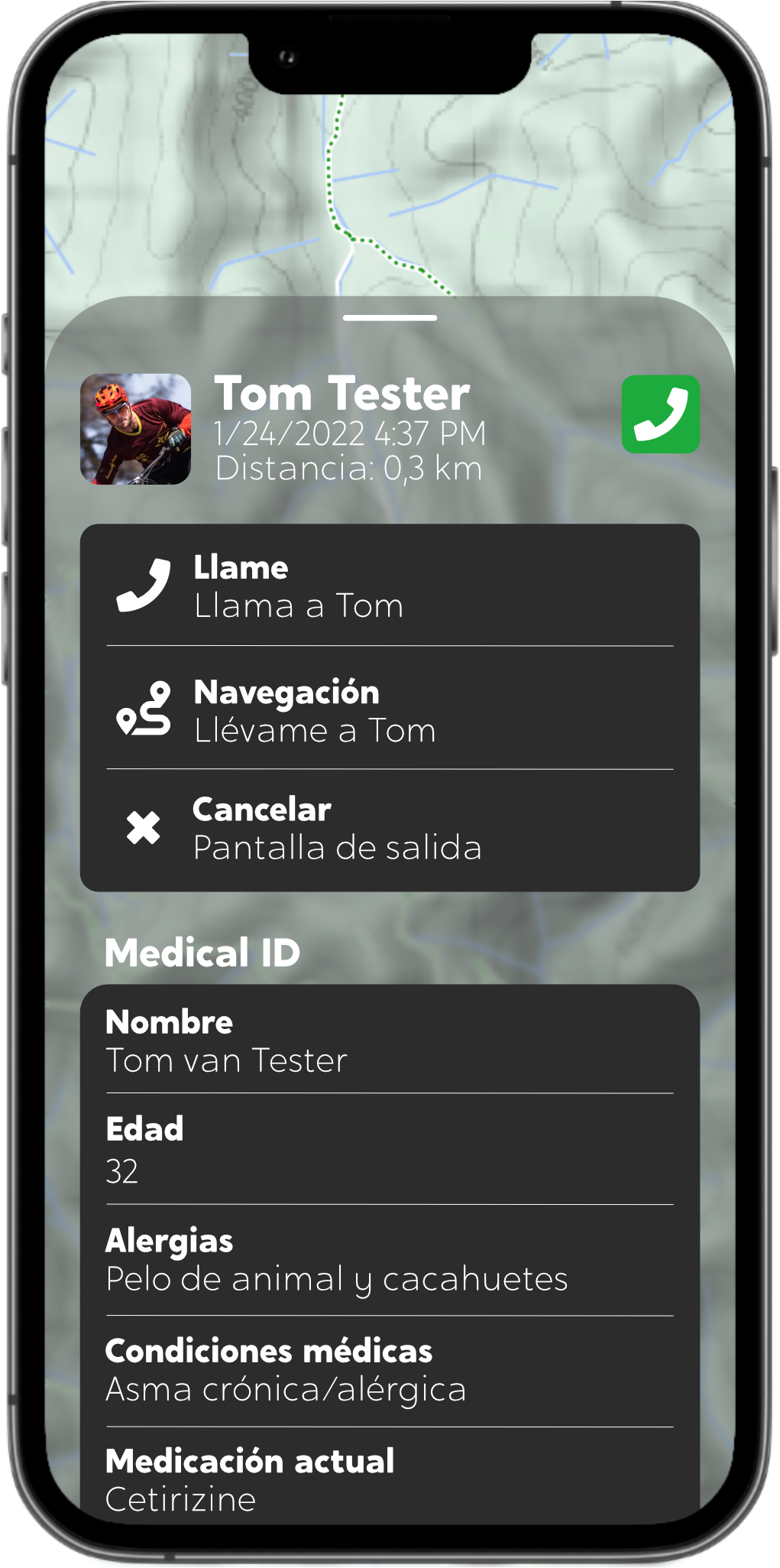 Notificación de accidente y llamada de auxilio en la aplicación Tocsen