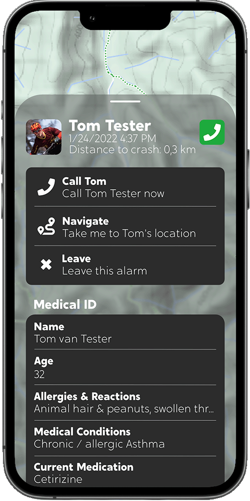 Accident report and call for help in Tocsen app